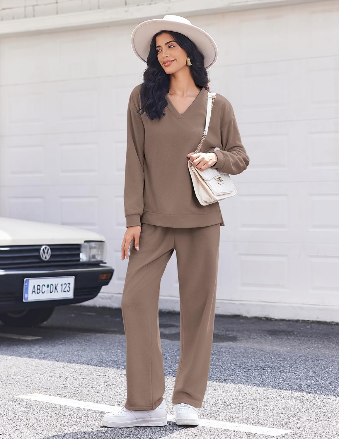 Brown fleece lounge set with V-neck long-sleeve top and wide-leg pants