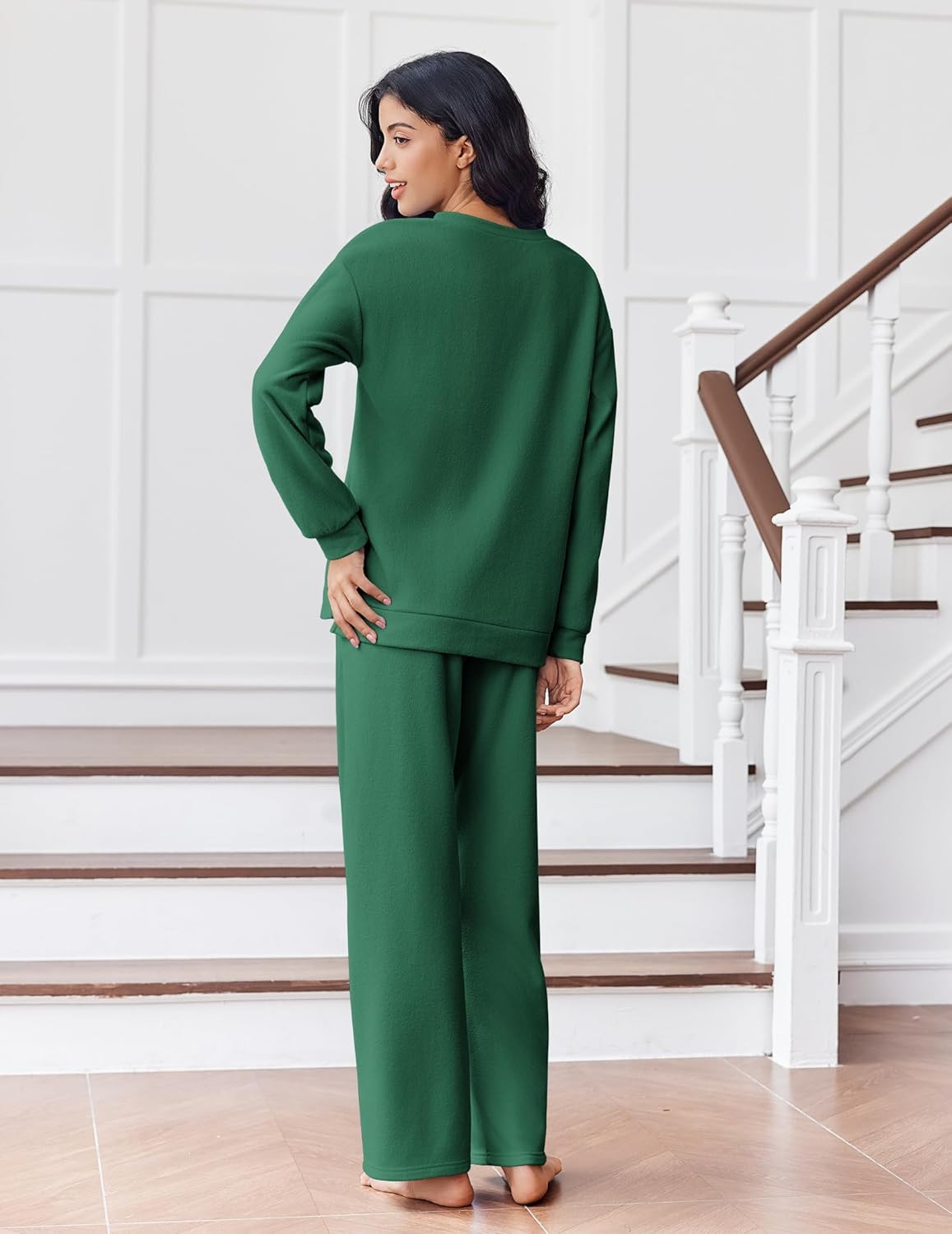 Green fleece long-sleeve lounge set with matching straight-leg pants, back view