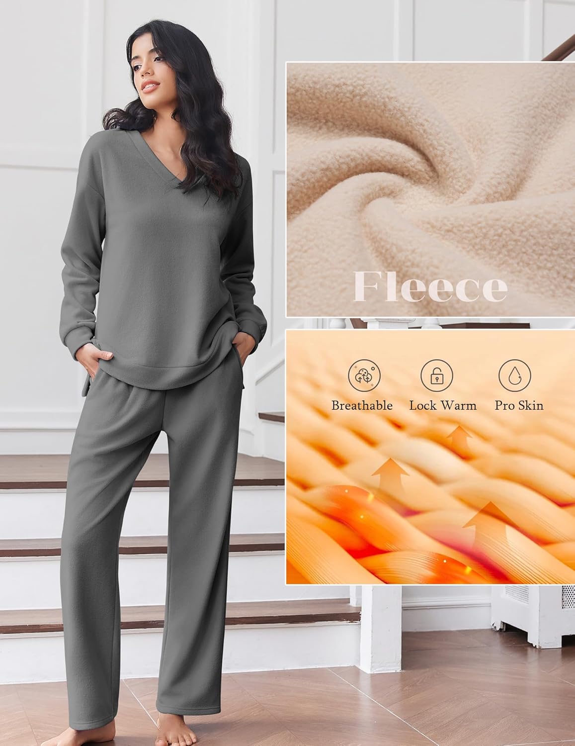Charcoal gray fleece long-sleeve lounge set with matching pants, standing full-body