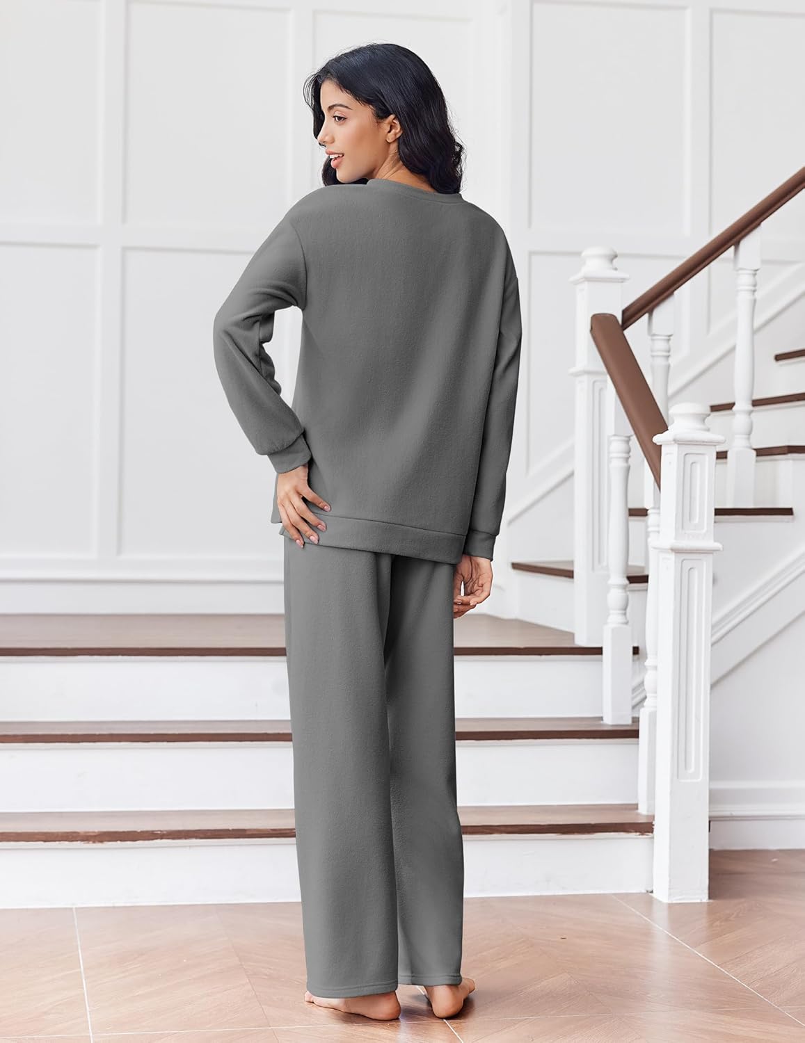 Gray fleece long-sleeve lounge set with straight-leg pants, back view