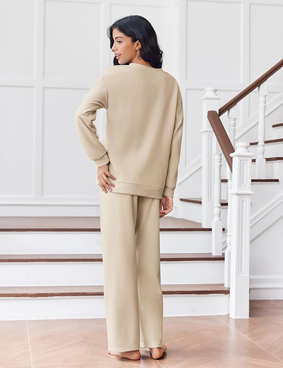 Khaki lounge set with long-sleeve pullover and wide-leg pants, back view