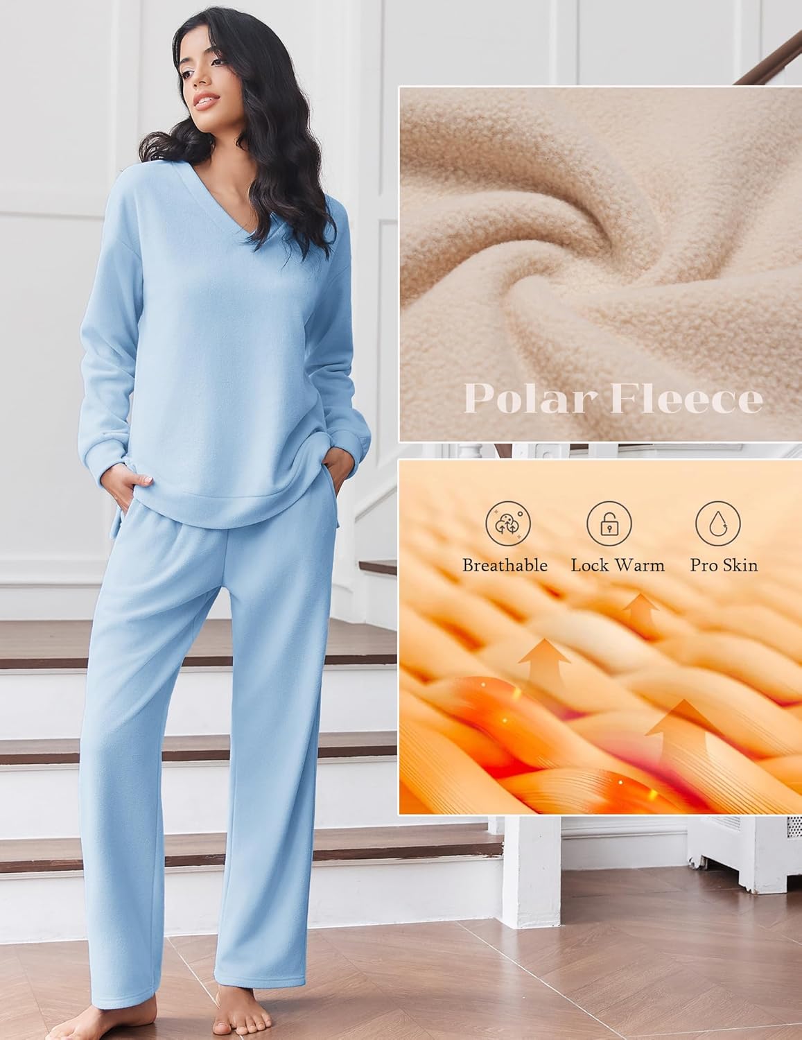 Light blue polar fleece lounge set with V-neck top and wide-leg pants