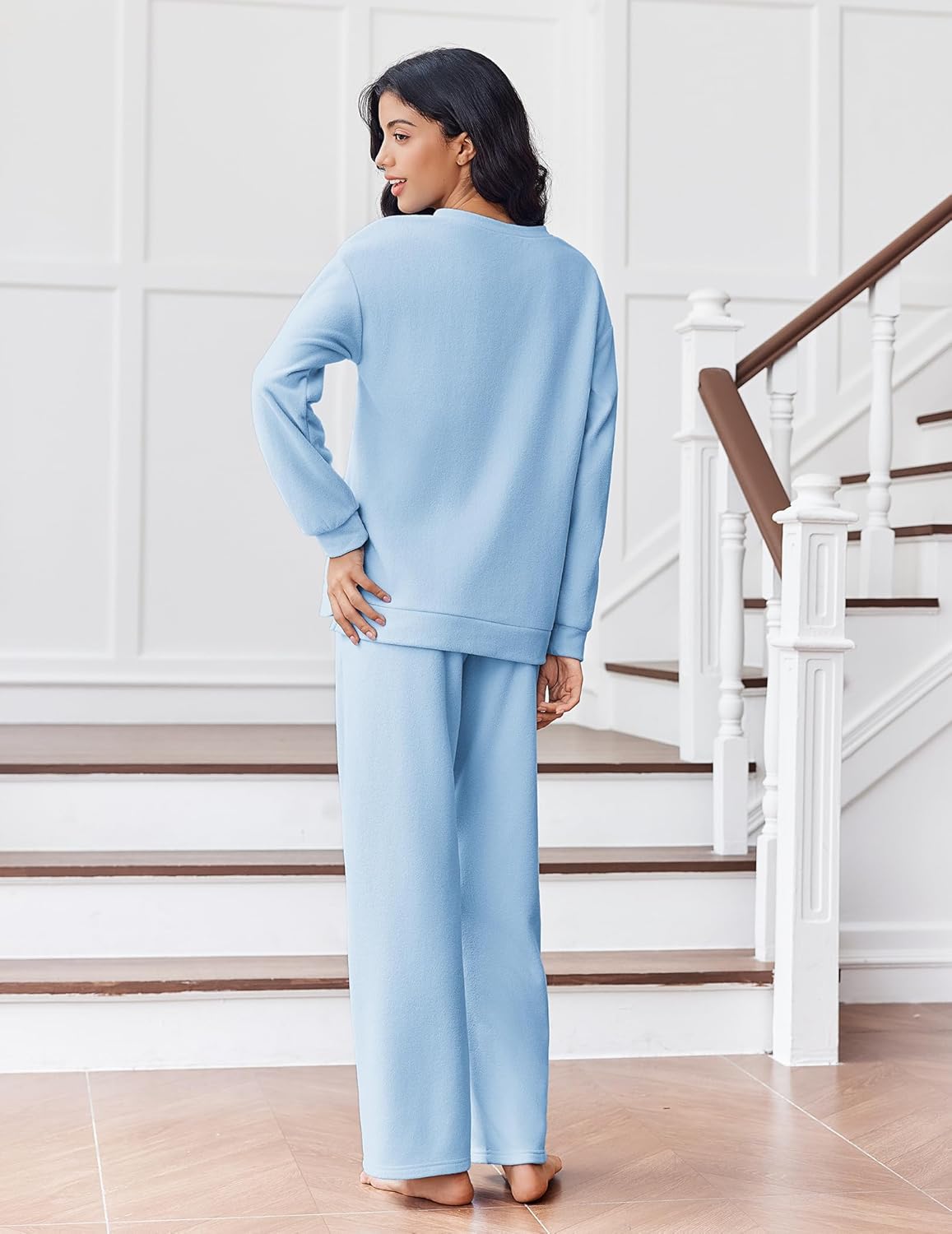Light blue lounge set with long-sleeve pullover and wide-leg pants, back view