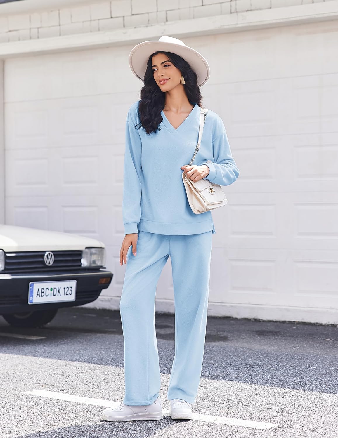 Light blue fleece lounge set with V-neck long-sleeve top and matching wide-leg pants