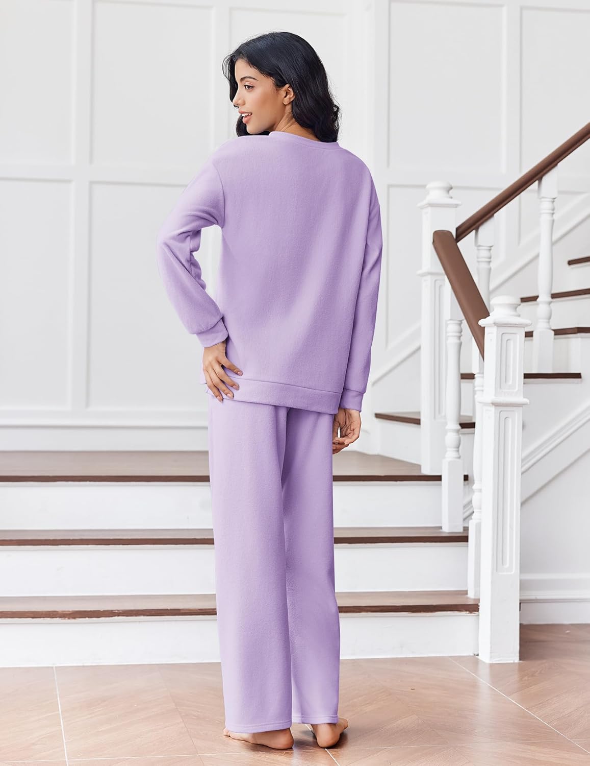 Lilac fleece long-sleeve lounge set with matching pants, back view