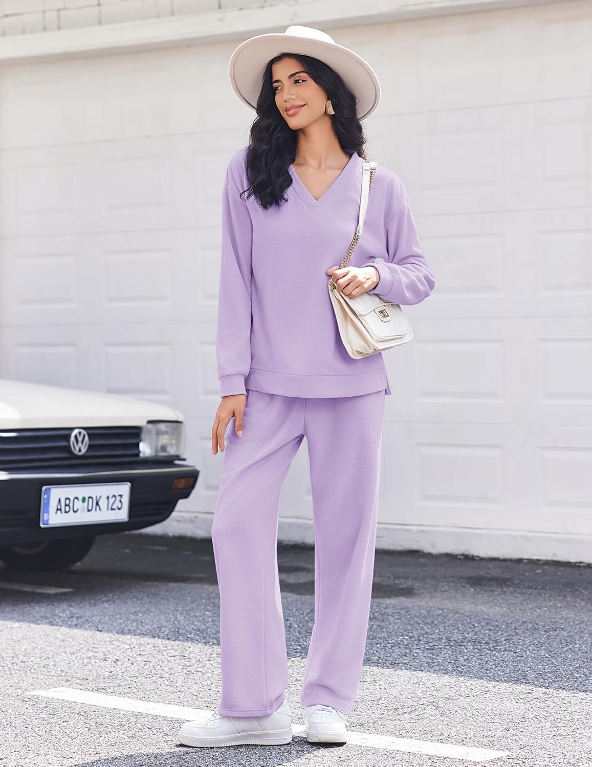 Lilac fleece long-sleeve lounge set with V-neck top and matching wide-leg pants, front view