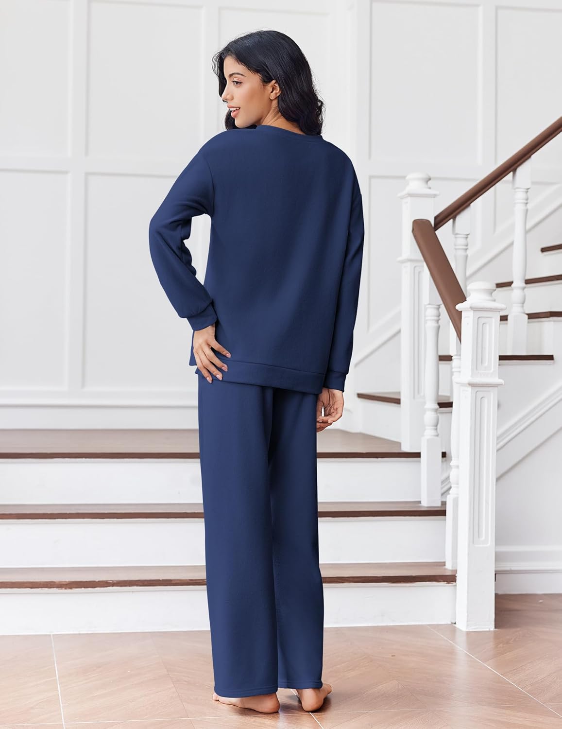 Navy fleece long-sleeve lounge set with matching straight-leg pants, back view