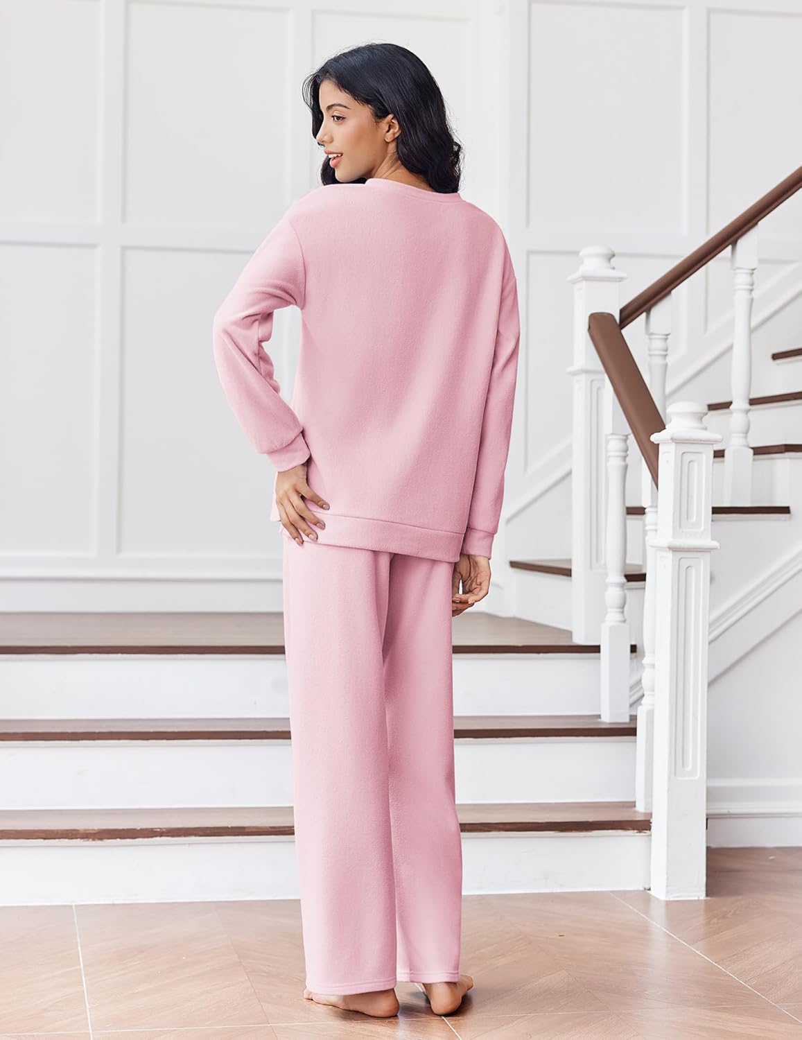 Pink fleece long-sleeve lounge set with matching pants, back view