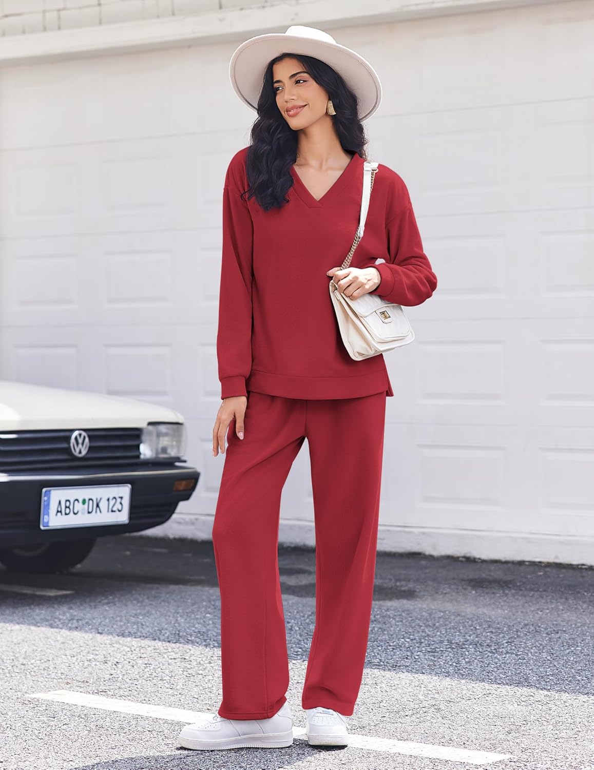 Red fleece lounge set with V-neck long-sleeve top and matching wide-leg pants
