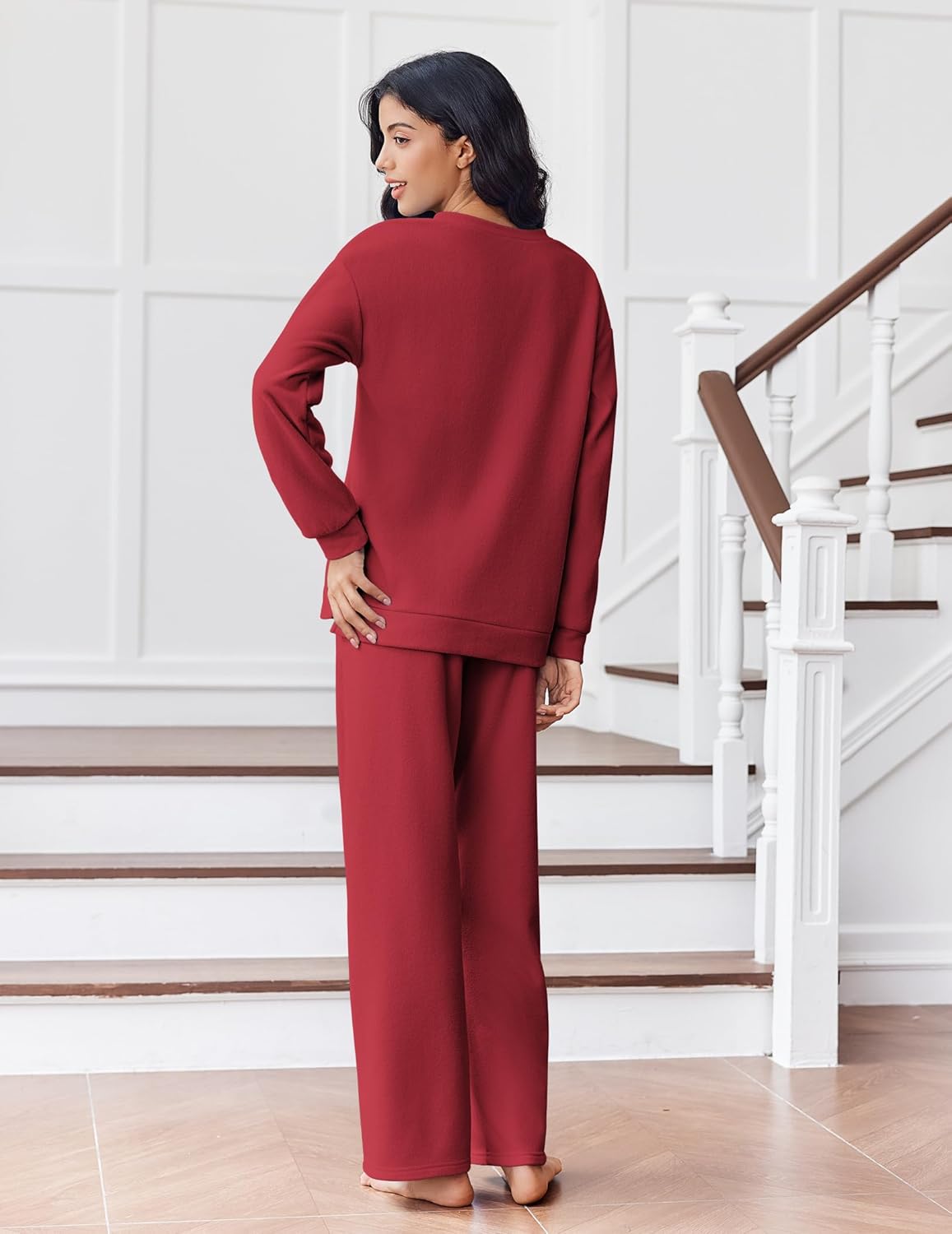 Red fleece lounge set with long-sleeve pullover and wide-leg pants, back view