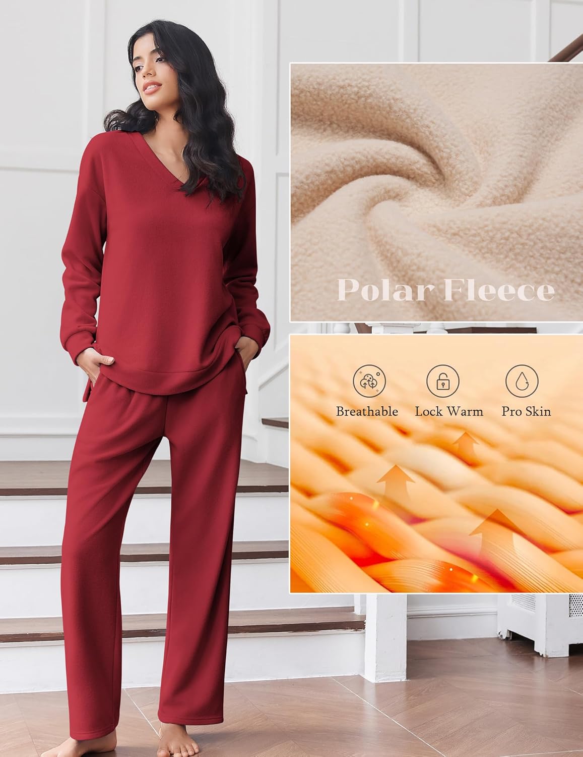 Red polar fleece lounge set with V-neck top and wide-leg pants
