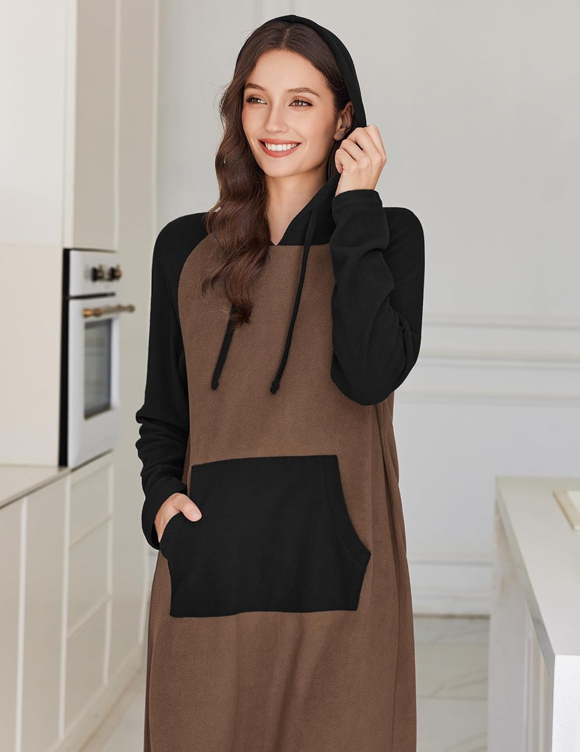 Fleece hooded long-sleeve night gown in black and brown with front kangaroo pocket