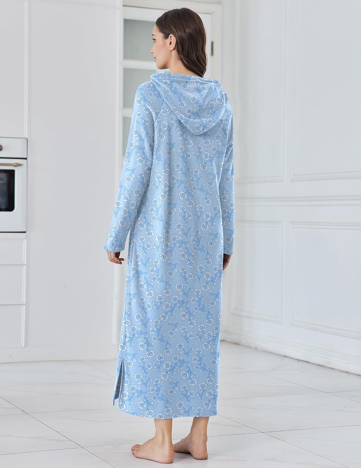 Ekouaer Fleece Nightgown Hooded Night Gown Navy Blue / L