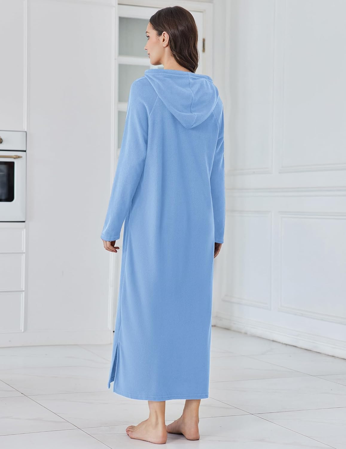 Fleece hooded nightgown, light blue, back view with long sleeves and side slit