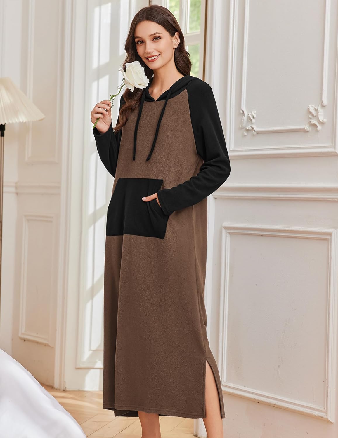 Fleece hooded night gown, two-tone brown and black with long sleeves and slit hem