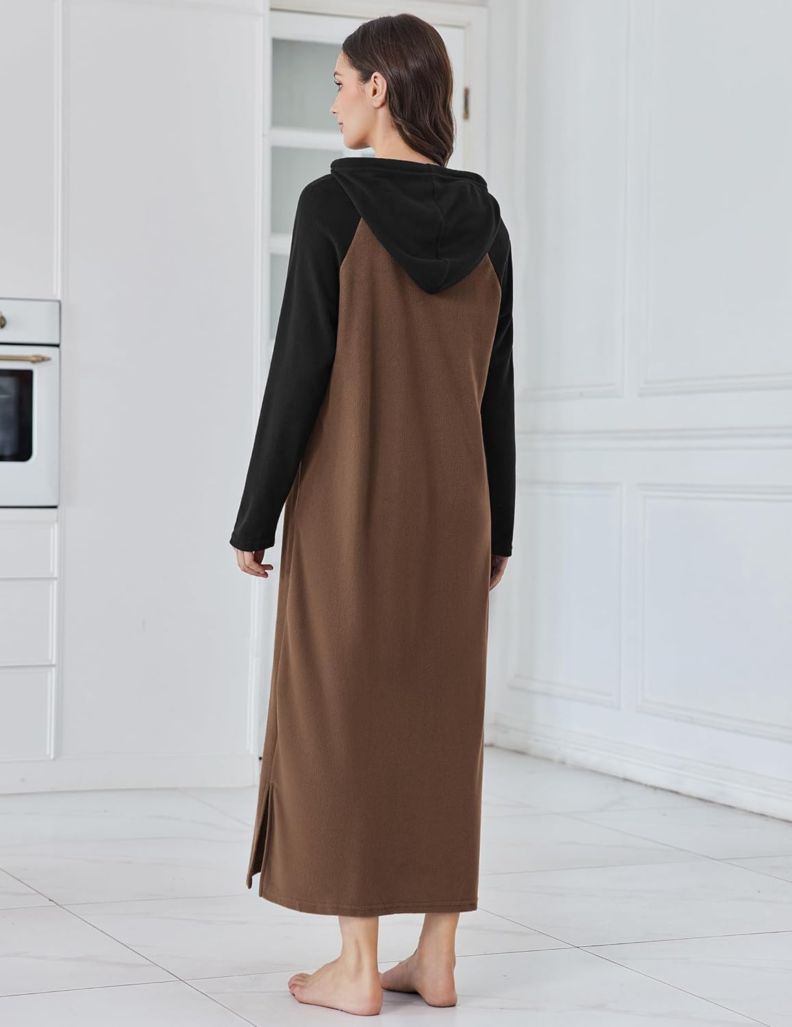 Back view fleece hooded long night gown in brown with black hood and sleeves