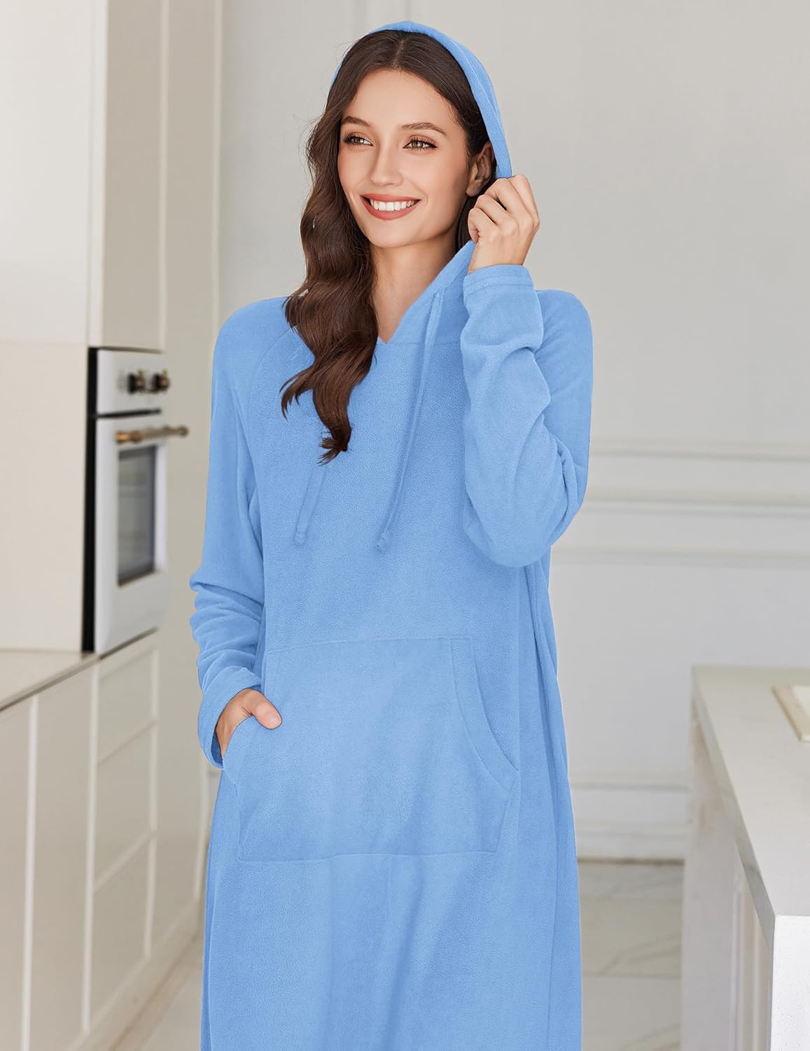 Light blue fleece hooded long-sleeve night gown with front pouch pocket