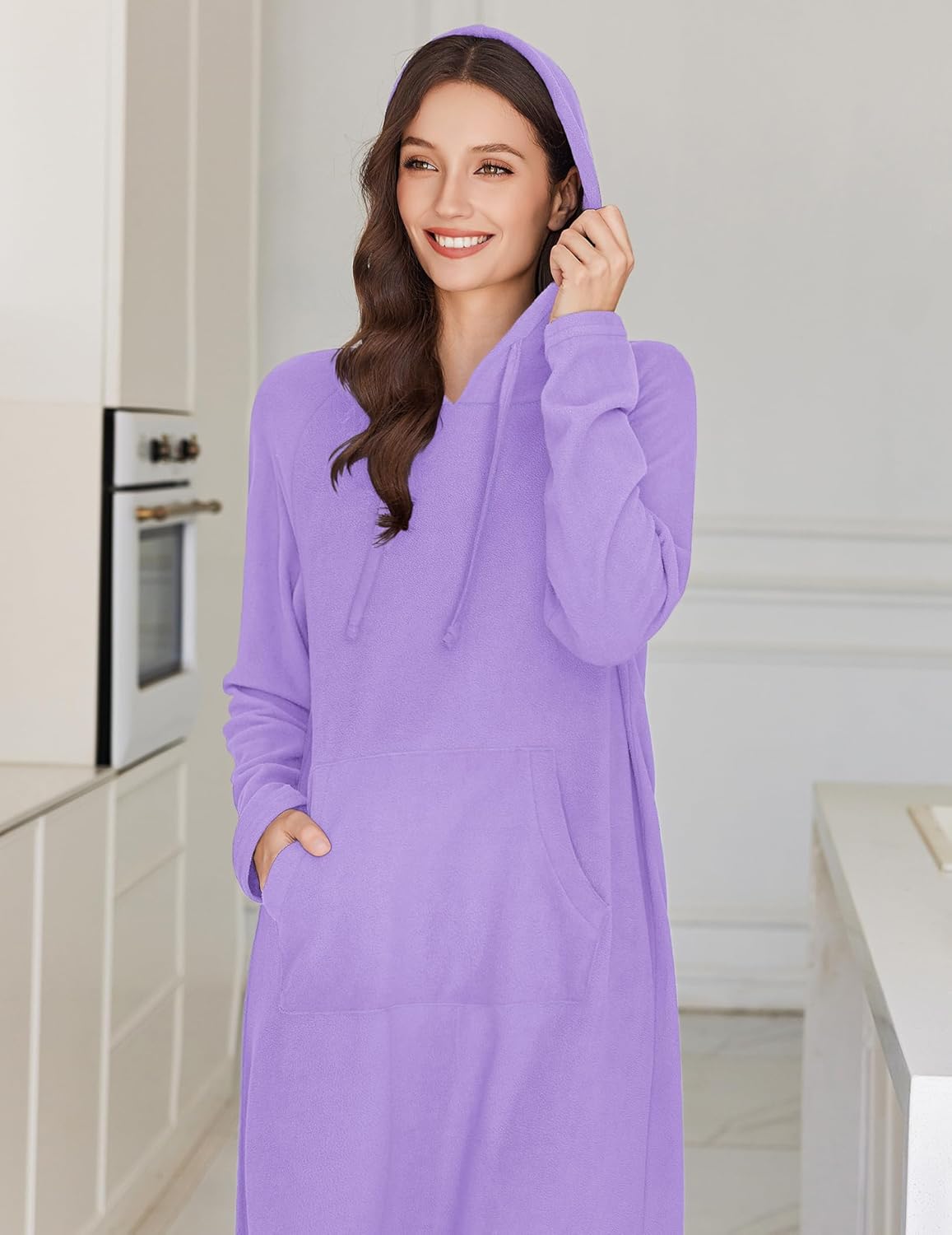 Fleece hooded nightgown, solid light purple, front view with drawstring hood and kangaroo pocket