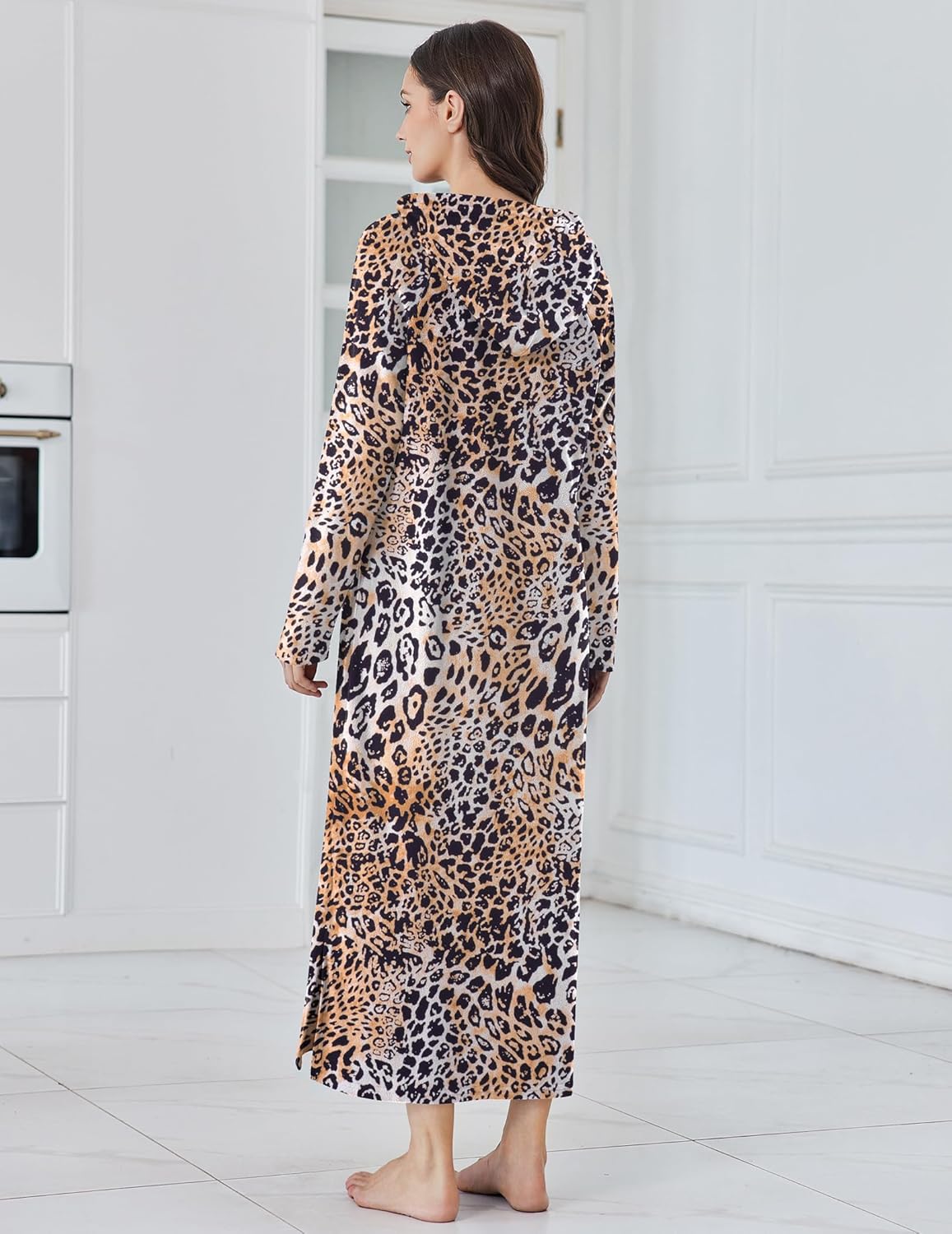 Fleece hooded nightgown, leopard print back view with long sleeves and slit hem