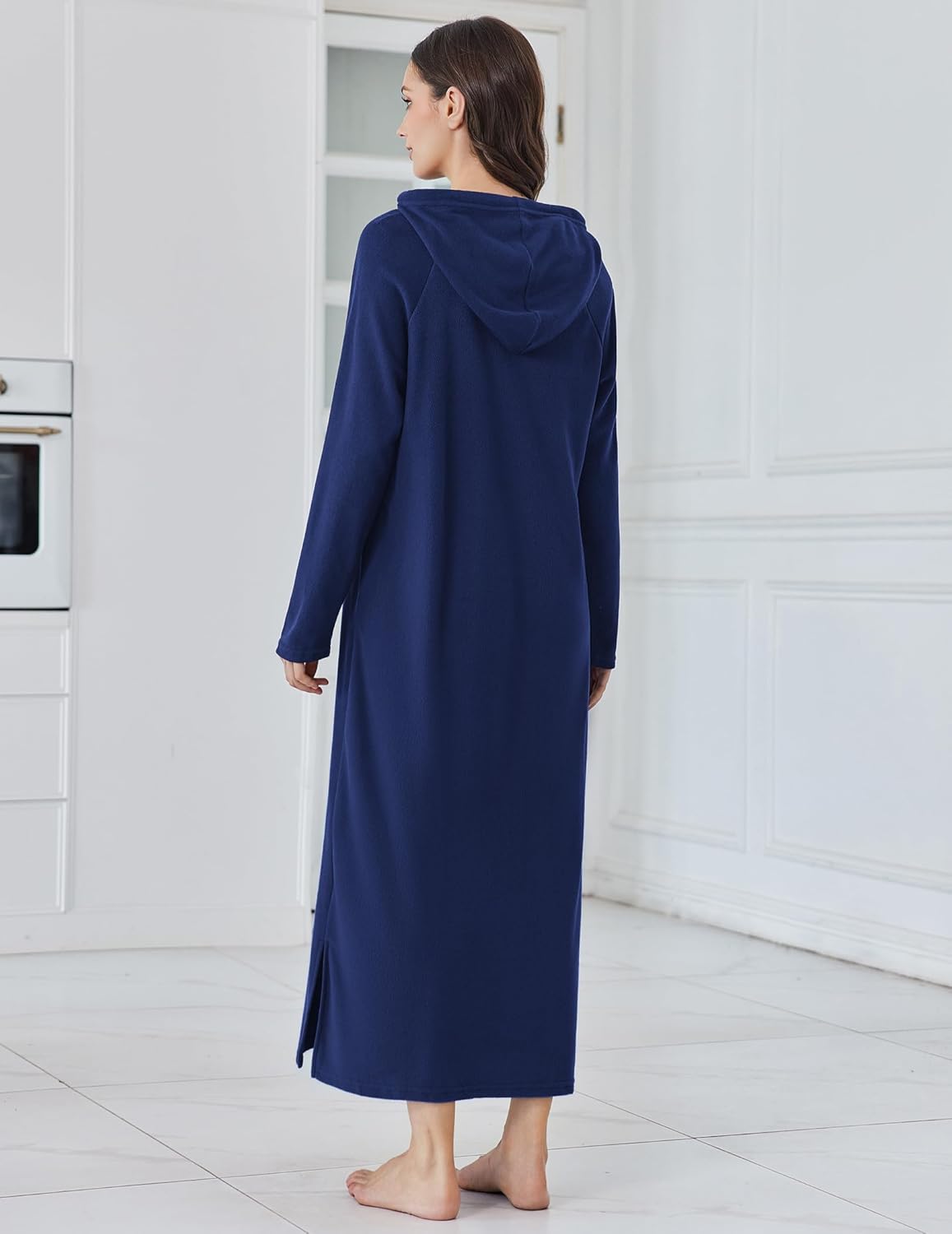 Fleece hooded nightgown, navy blue, back view with side slit