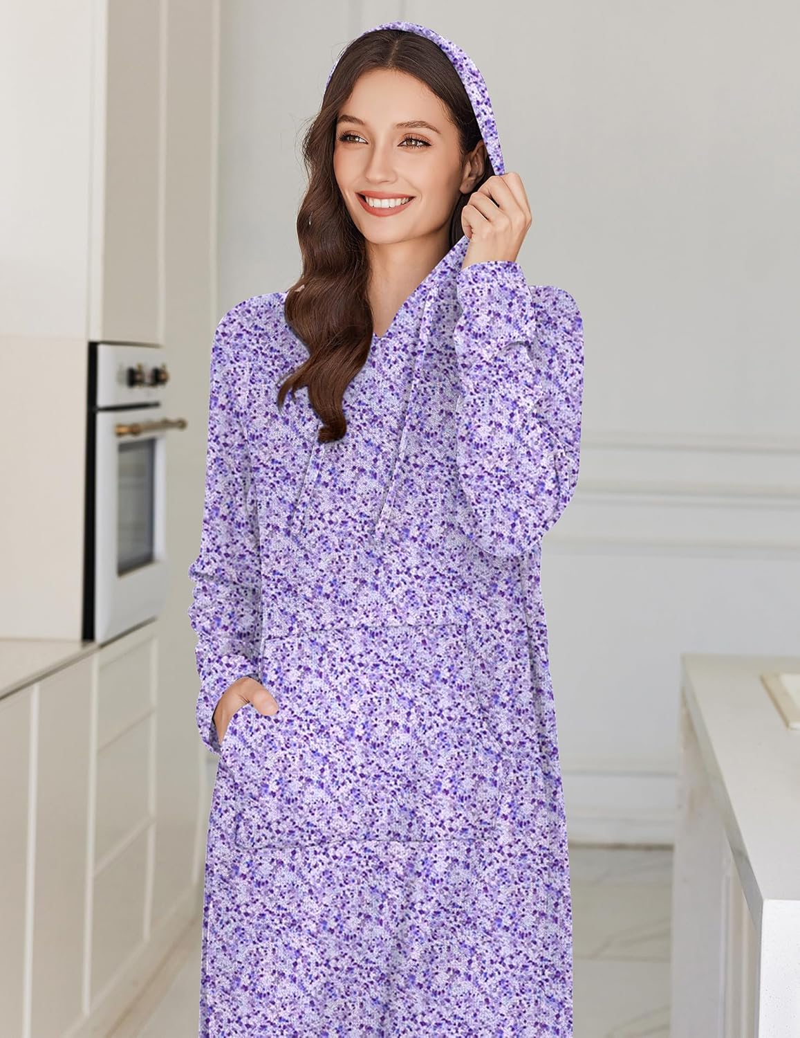Fleece hooded nightgown, light purple speckle print, front view