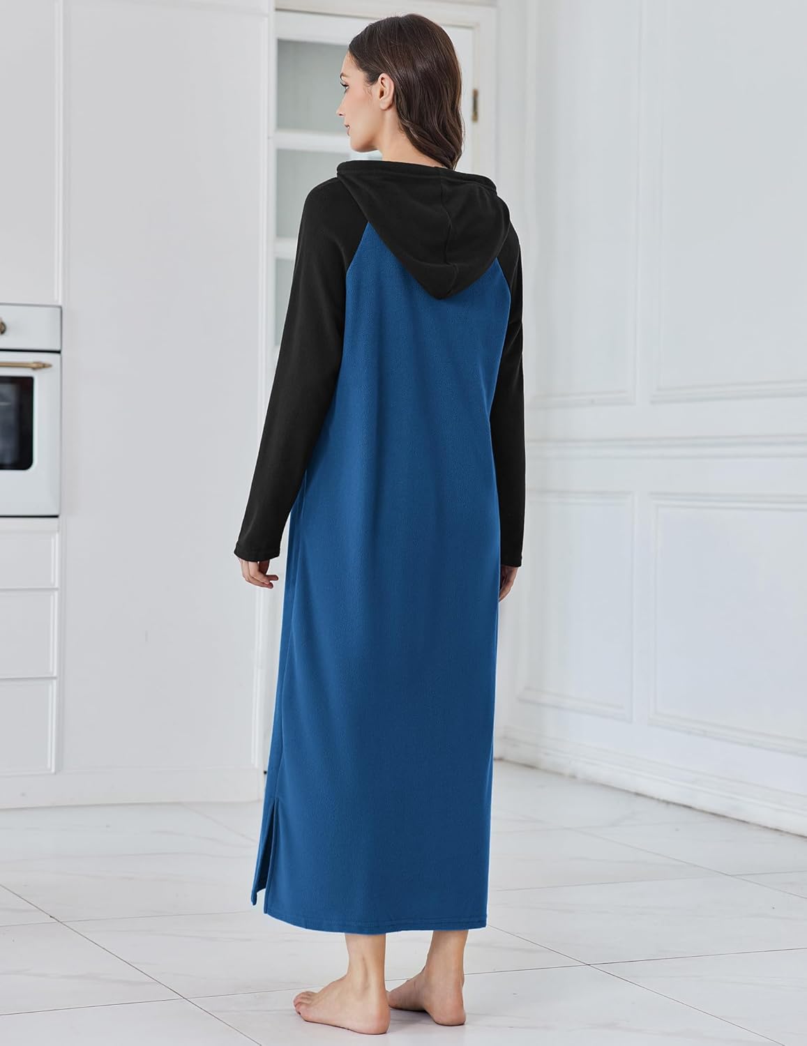 Fleece hooded long-sleeve sleep shirt, black-and-blue colorblock, back view