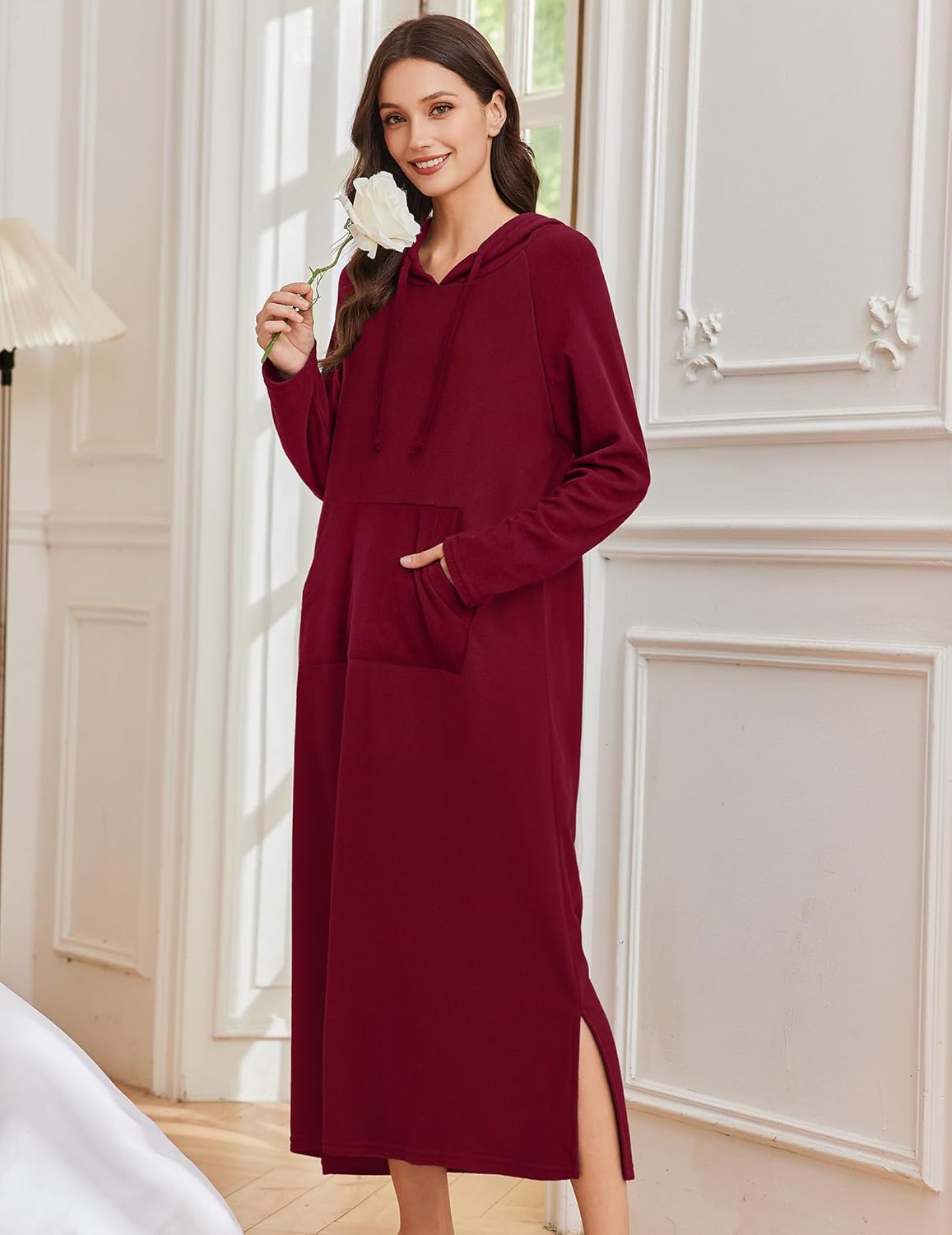 Fleece hooded long-sleeve sleep shirt, wine red, front pocket and side slit