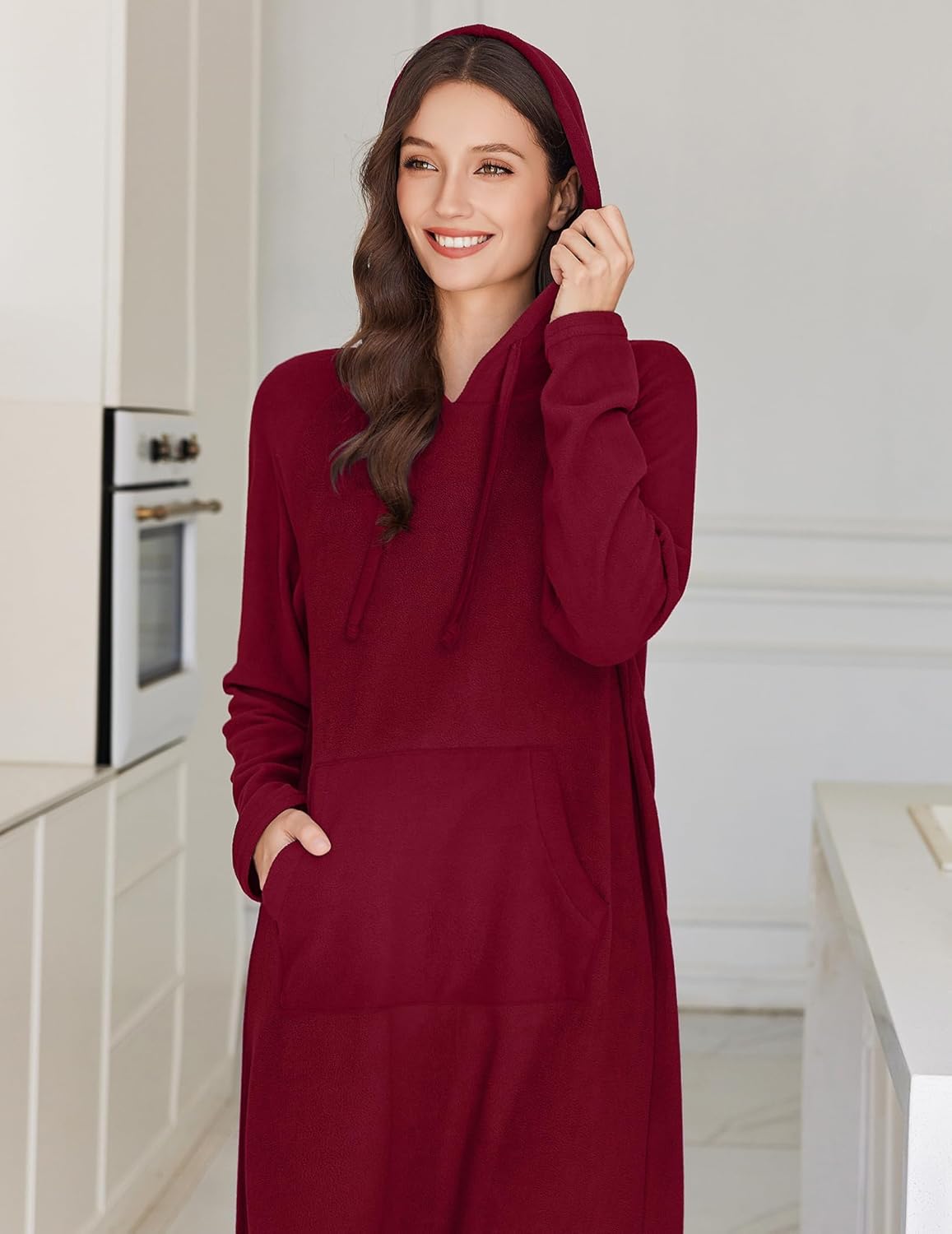 Fleece hooded long-sleeve sleep shirt, wine red, hood drawstrings, front view
