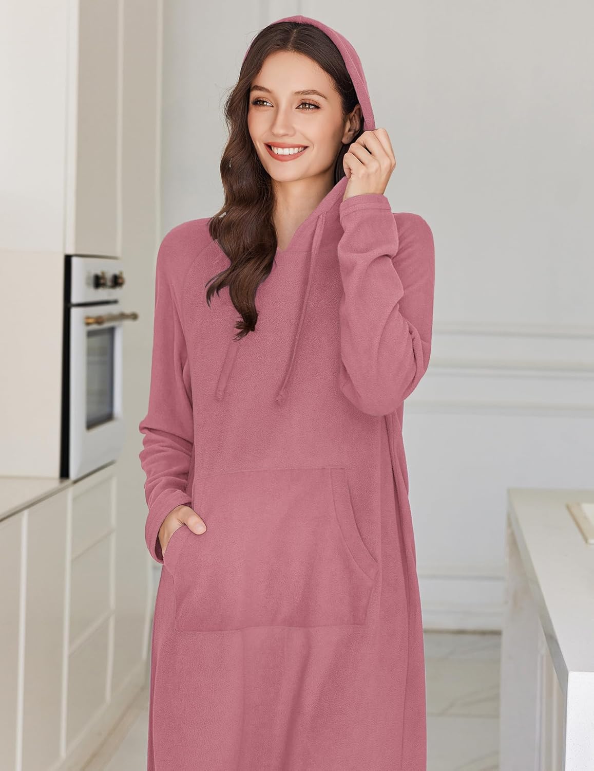 Fleece long-sleeve hooded nightgown, mauve/wine red, front view