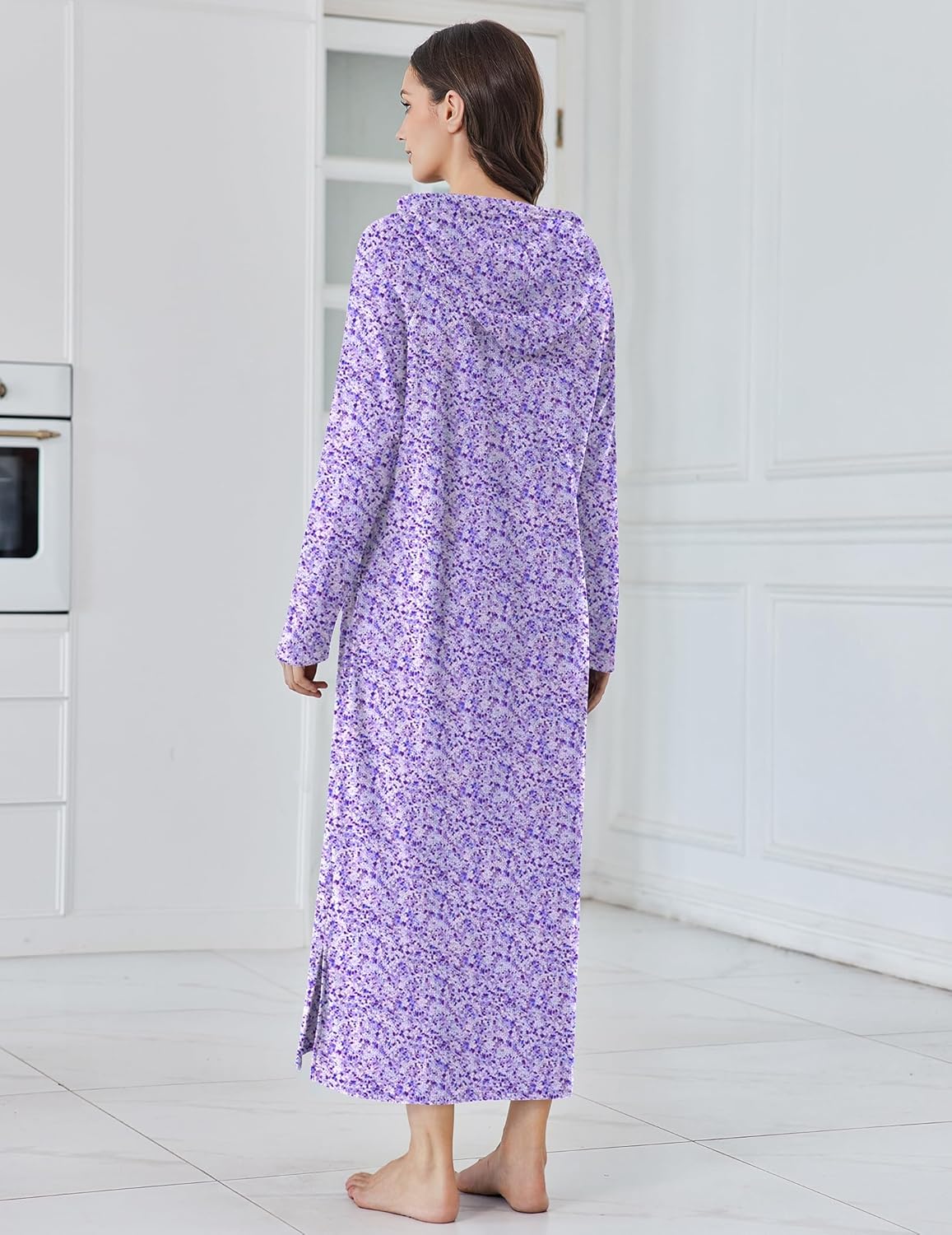Fleece hooded nightgown, light purple speckle, back view