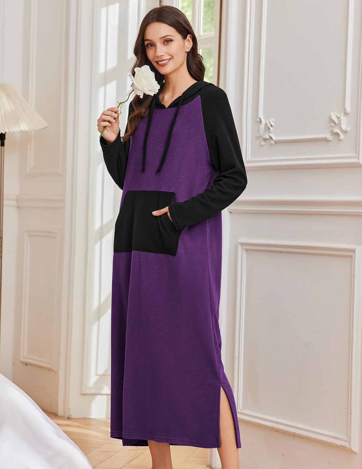 Fleece hooded nightgown, long sleeve purple with black hood and sleeves, side-slit hem