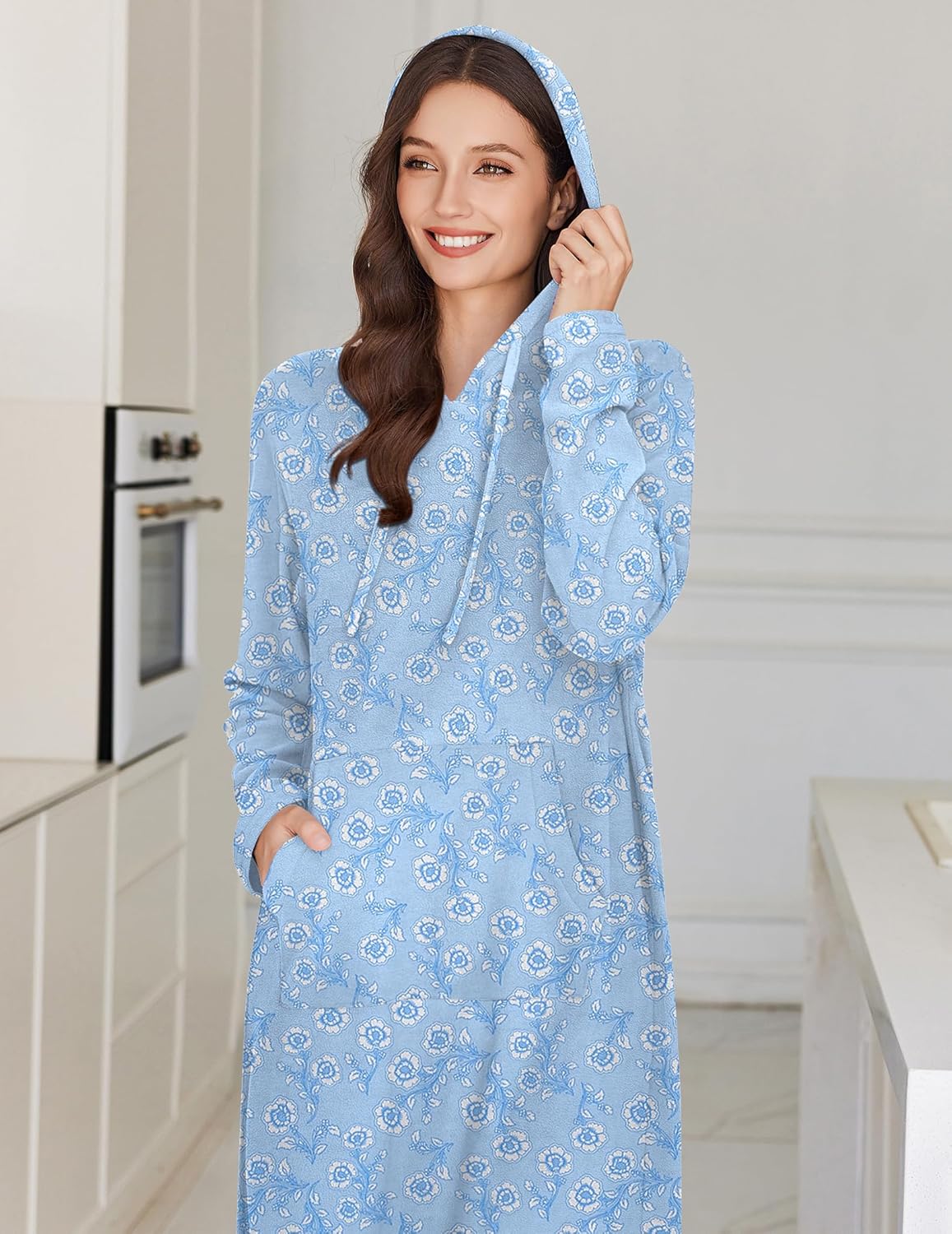 Fleece hooded long-sleeve sleep shirt, blue floral print, hood up view
