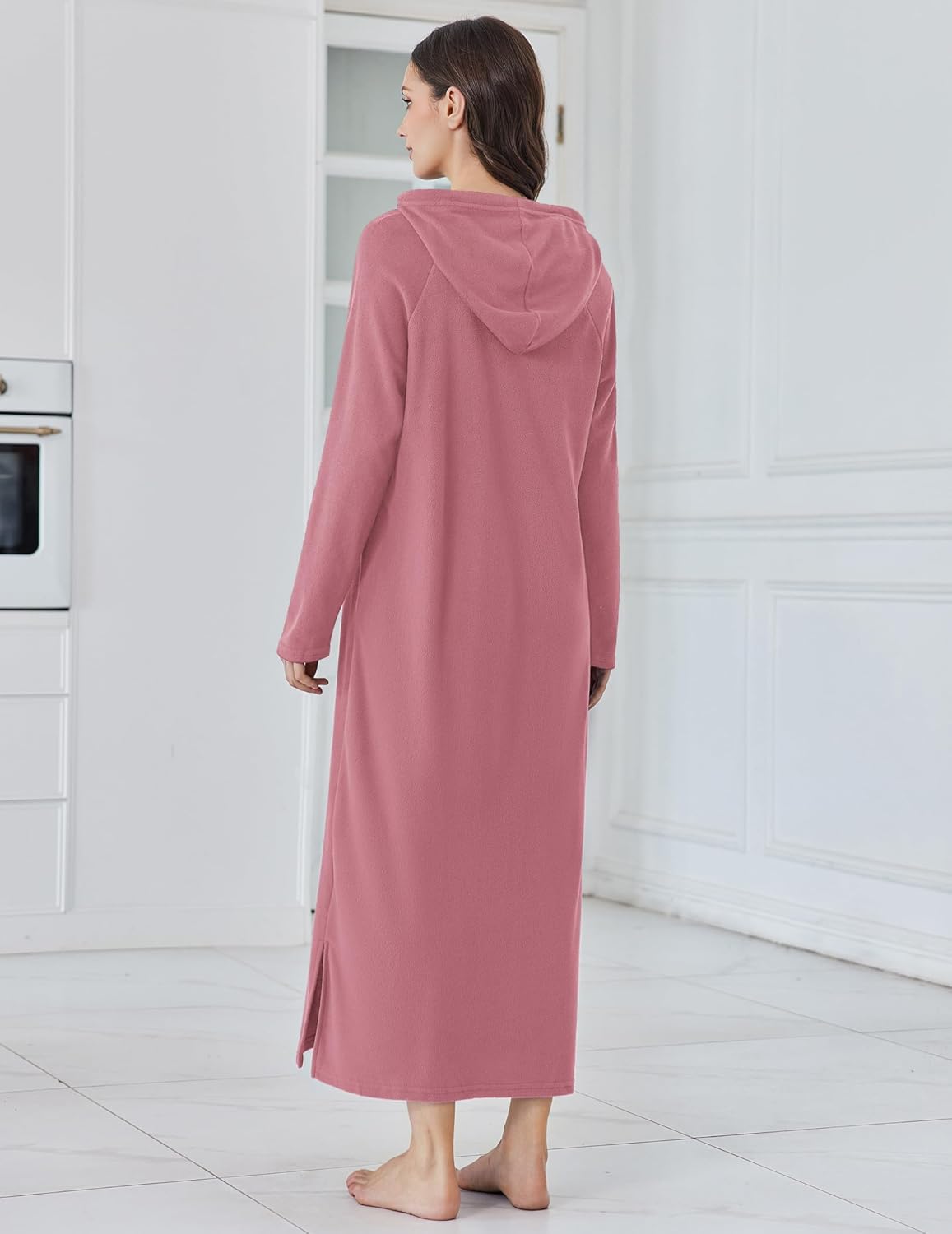 Fleece hooded long-sleeve sleep shirt, mauve/pink, open hood on back view