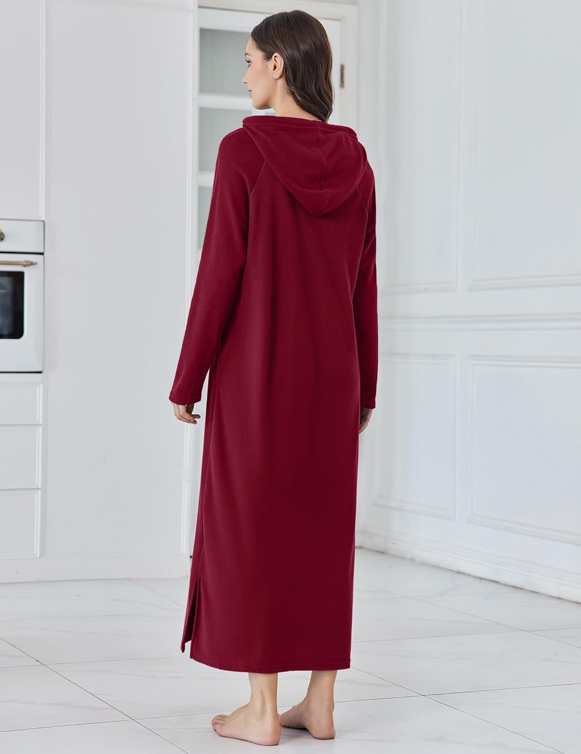 Fleece hooded nightgown, long sleeve burgundy, back view with drawstring hood and slit hem
