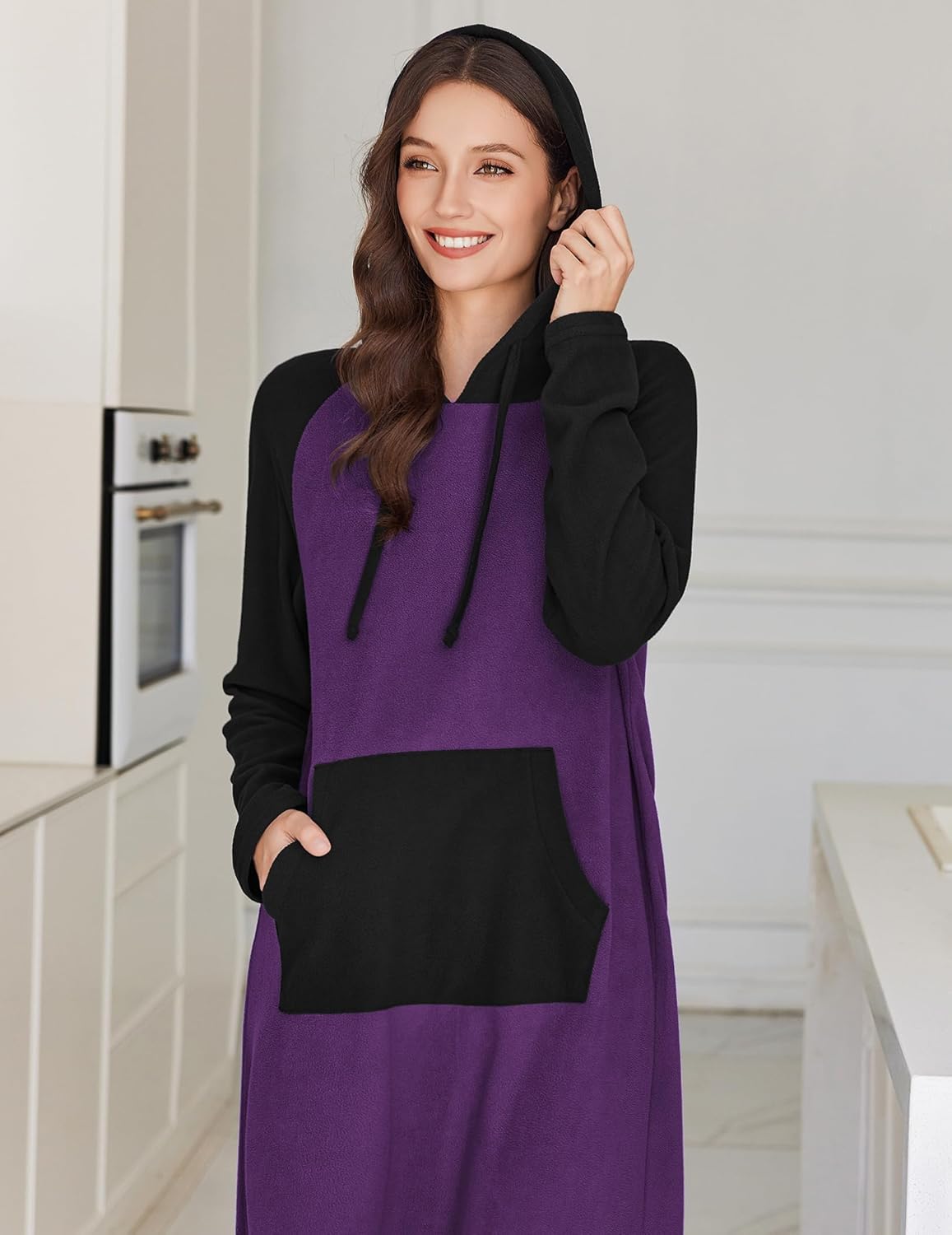Ekouaer Fleece Nightgown Hooded Night Gown Navy Blue / L