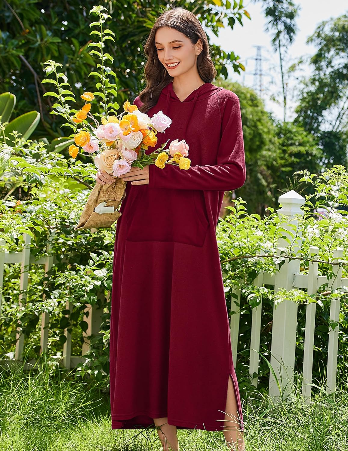 Fleece hooded long-sleeve sleep shirt, wine red, midi length with side slit