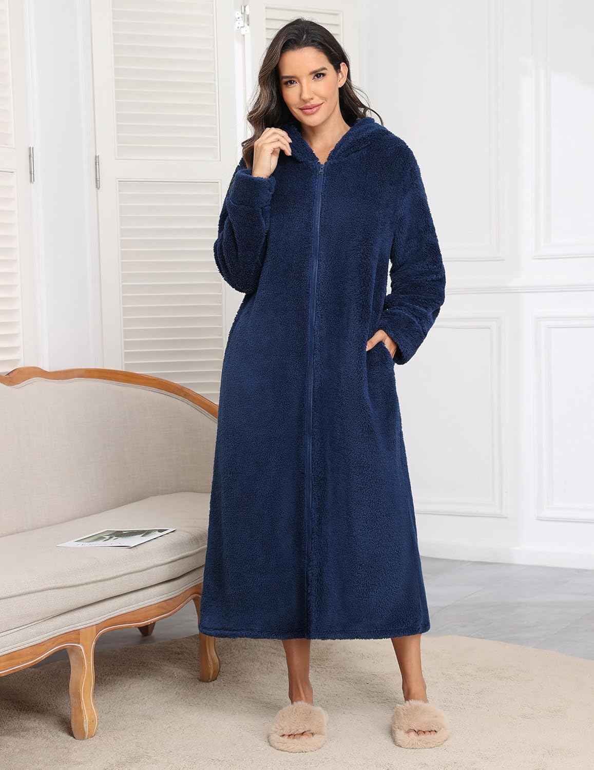 Blauer Fleece-Bademantel mit Kapuze und Reißverschluss, langes Plüschfleece