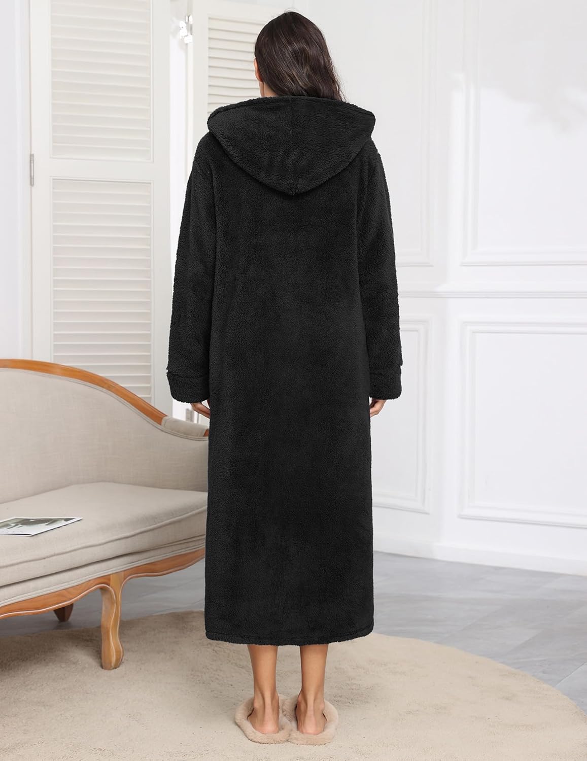 Fleece hooded long bathrobe, black, full zip front, plush texture
