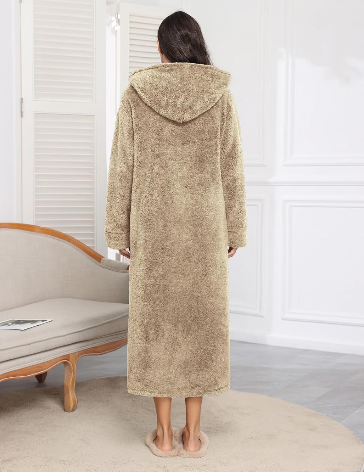 Fleece hooded long bathrobe, beige/khaki, back view, full zip front