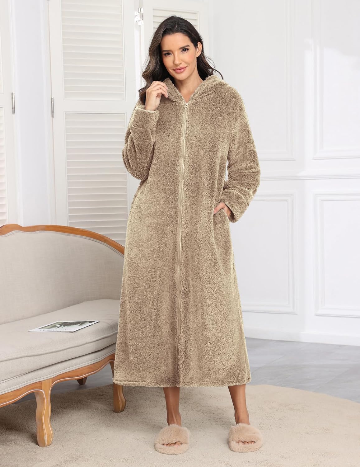 Fleece hooded long bathrobe, beige/khaki, full zip front, plush
