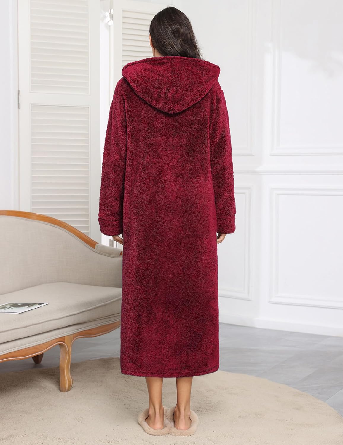 Fleece hooded long bathrobe, wine red, back view, full zip front