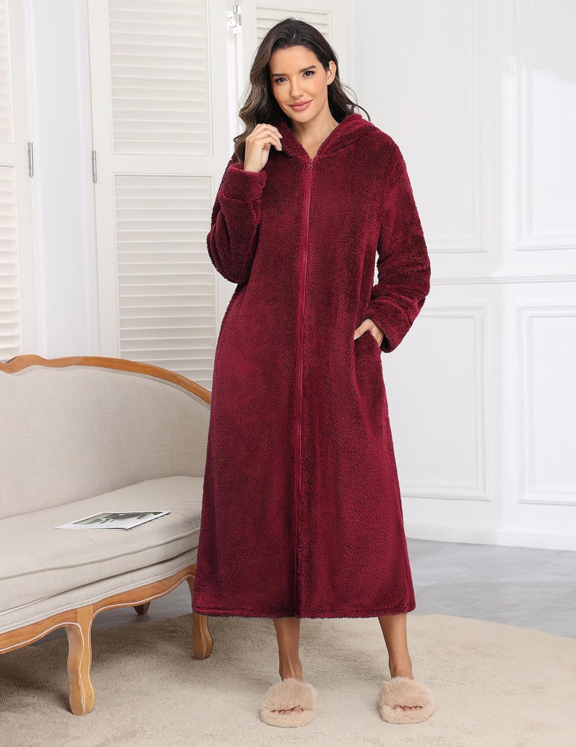 Fleece hooded long bathrobe, wine red, full zip front, plush
