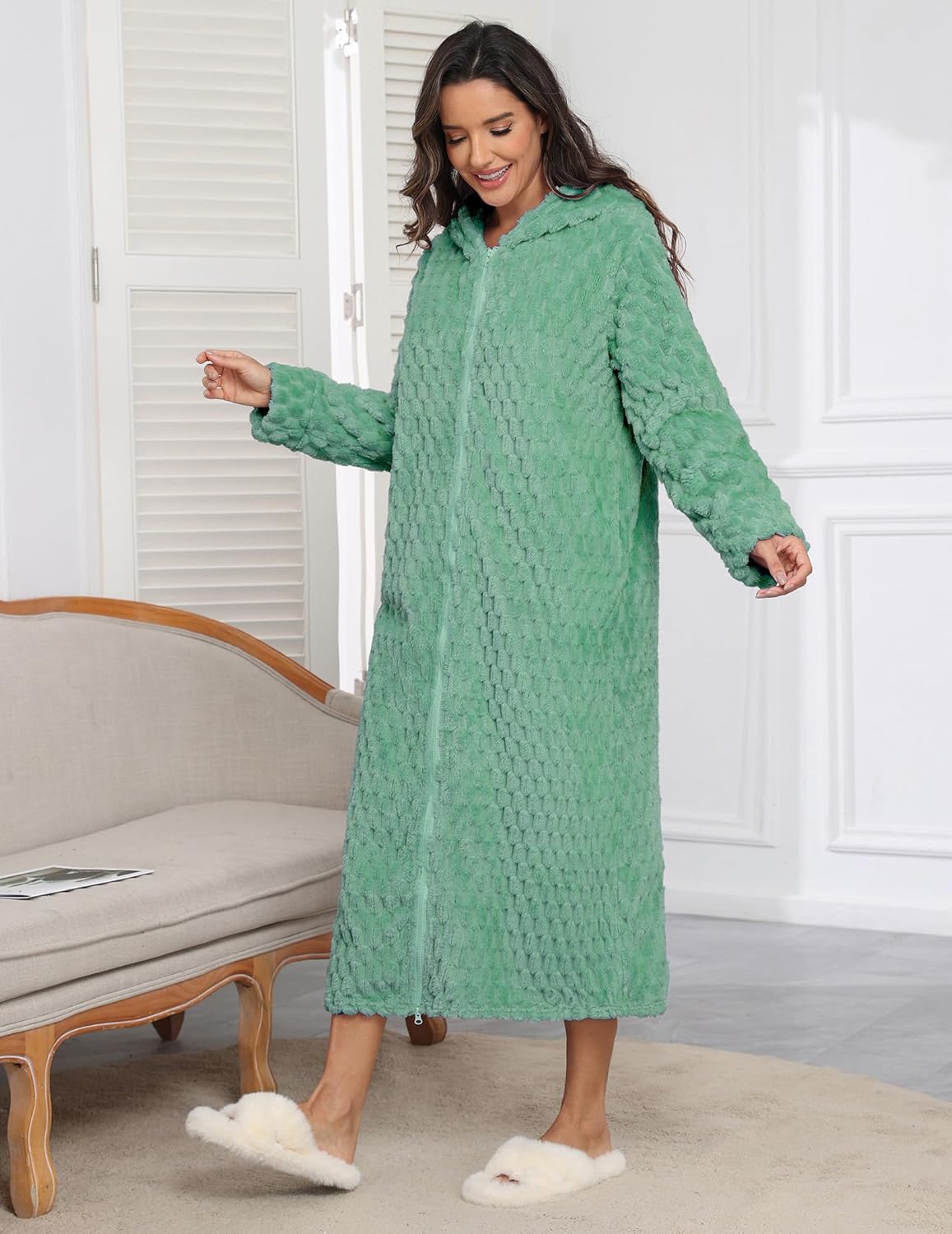 Fleece hooded long bathrobe, mint green, side view, full zip front