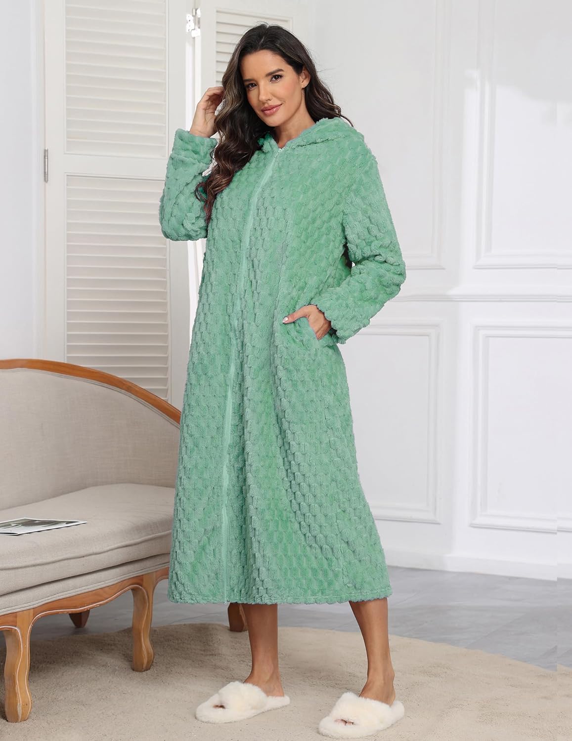 Fleece hooded long bathrobe, mint green, full zip front, plush texture