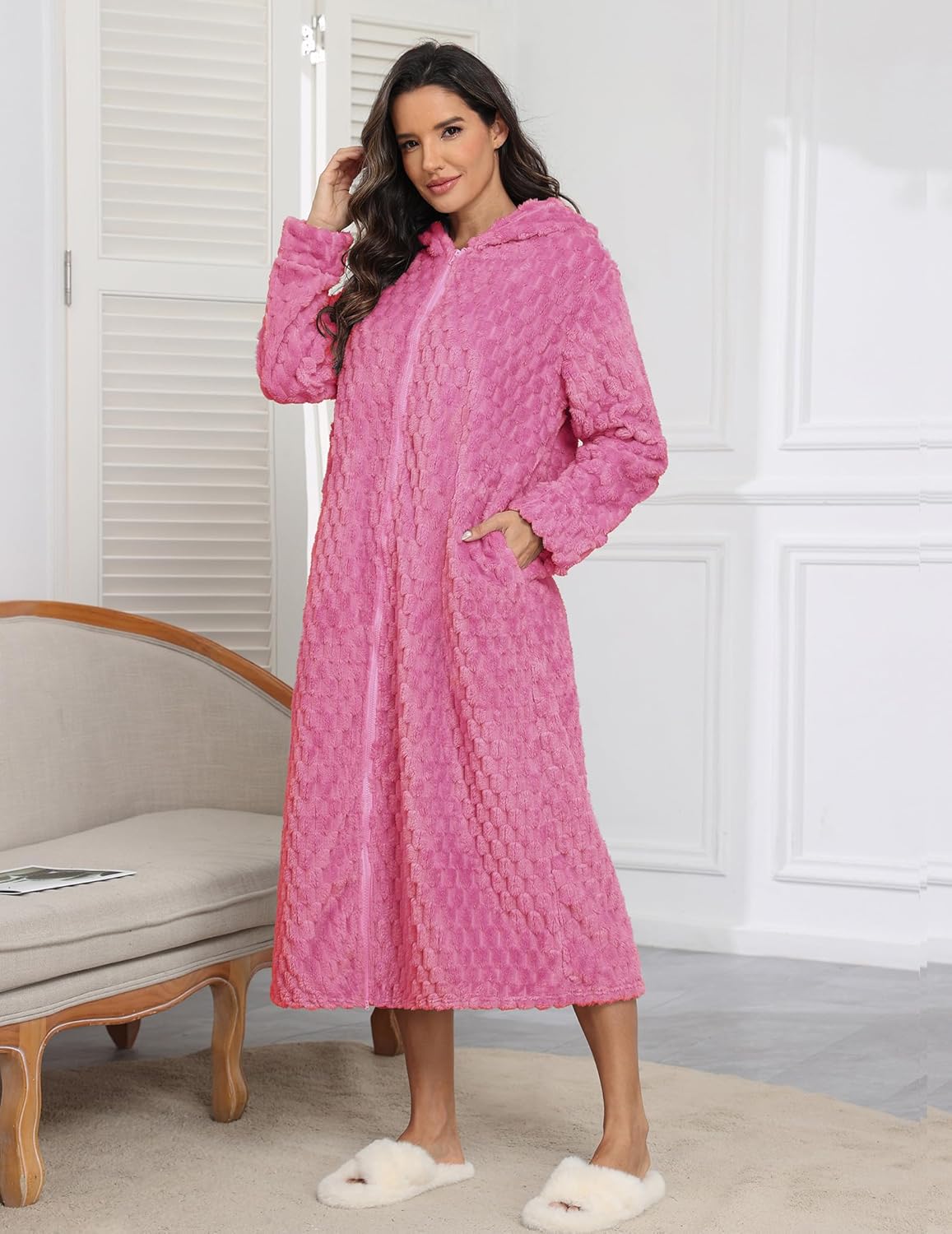 Hooded plush fleece robe, zip-front, long, pink textured fabric