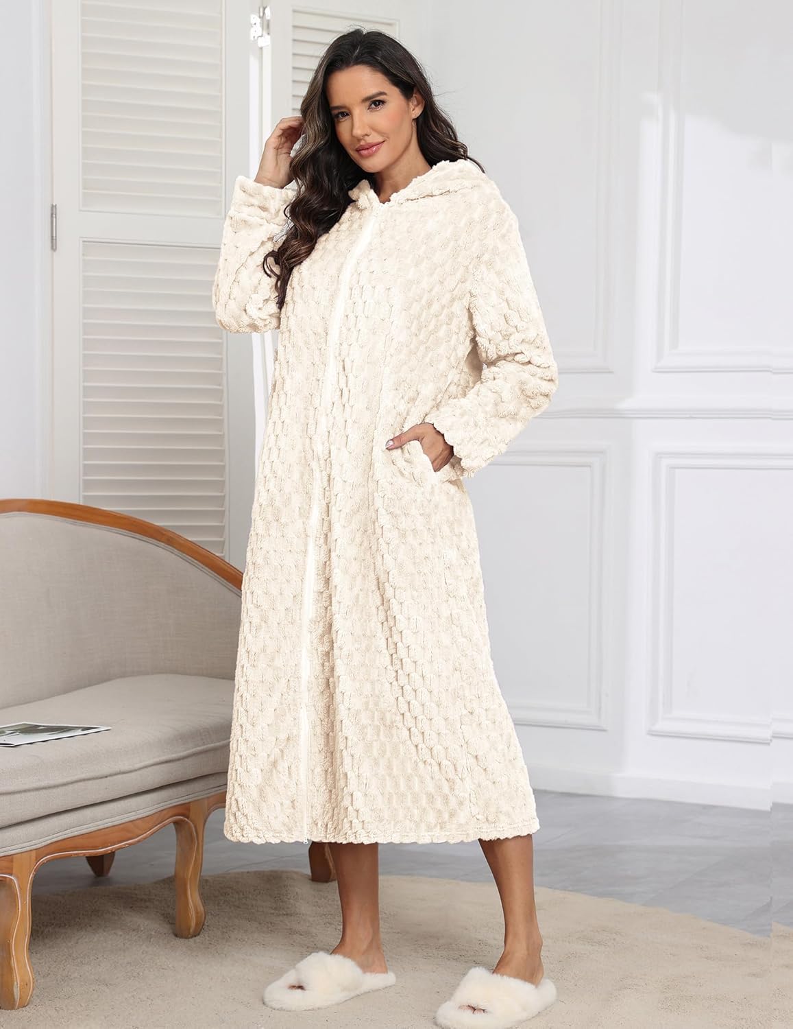 Front view: long hooded plush robe, zip-front, white textured fabric