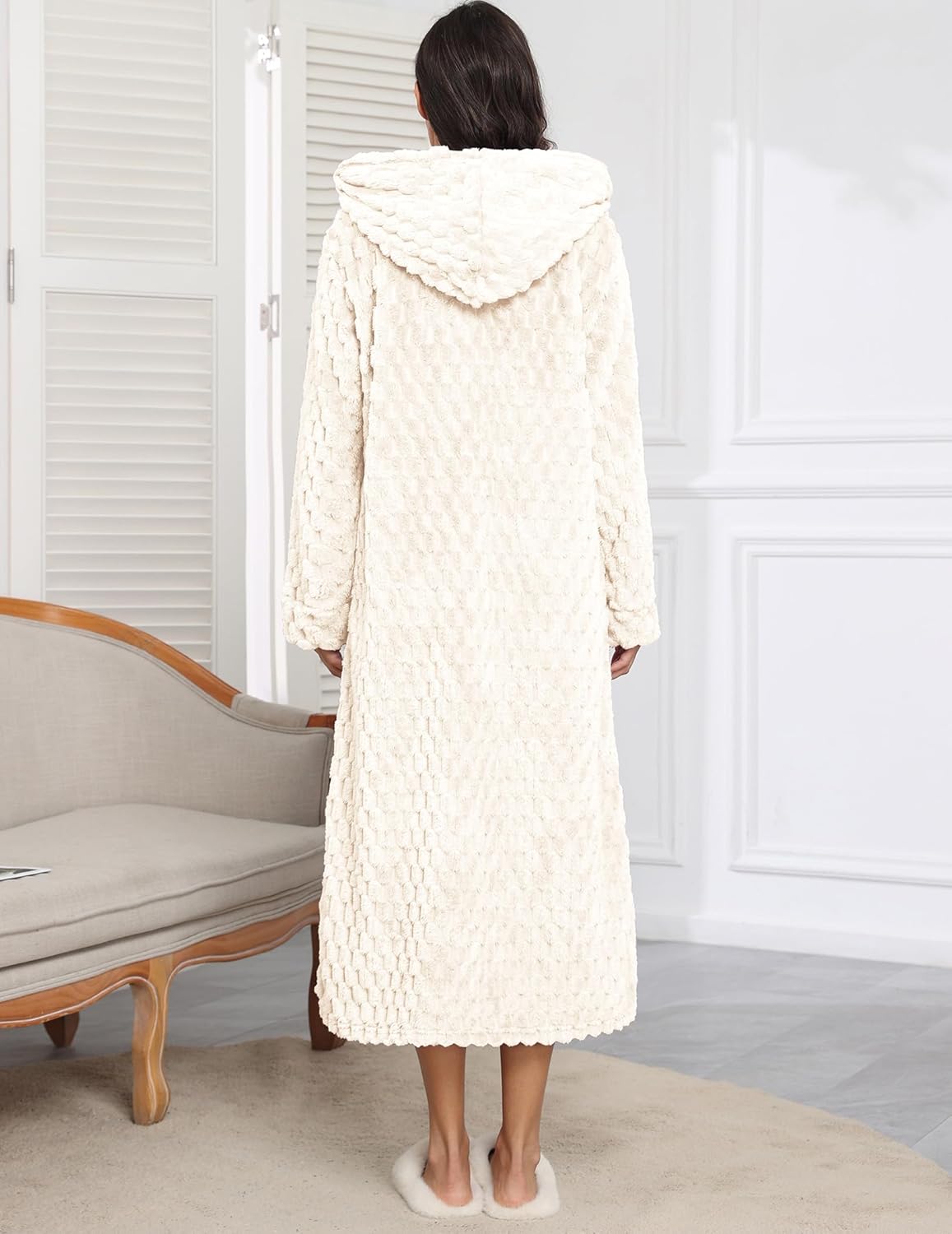 Cream hooded plush long bathrobe with front zipper and textured fabric, back view