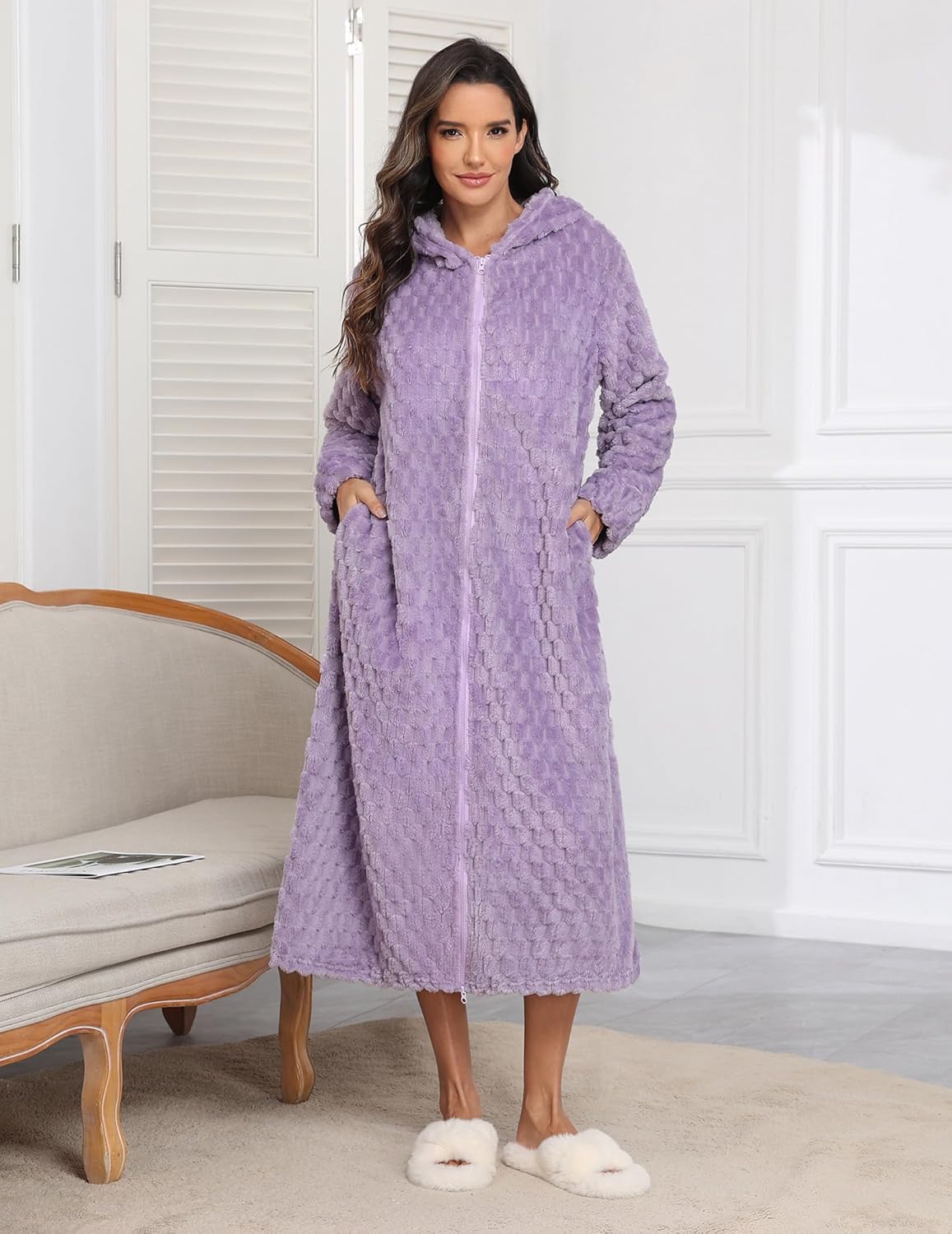 Fleece hooded long bathrobe, lavender purple, full zip front, plush texture