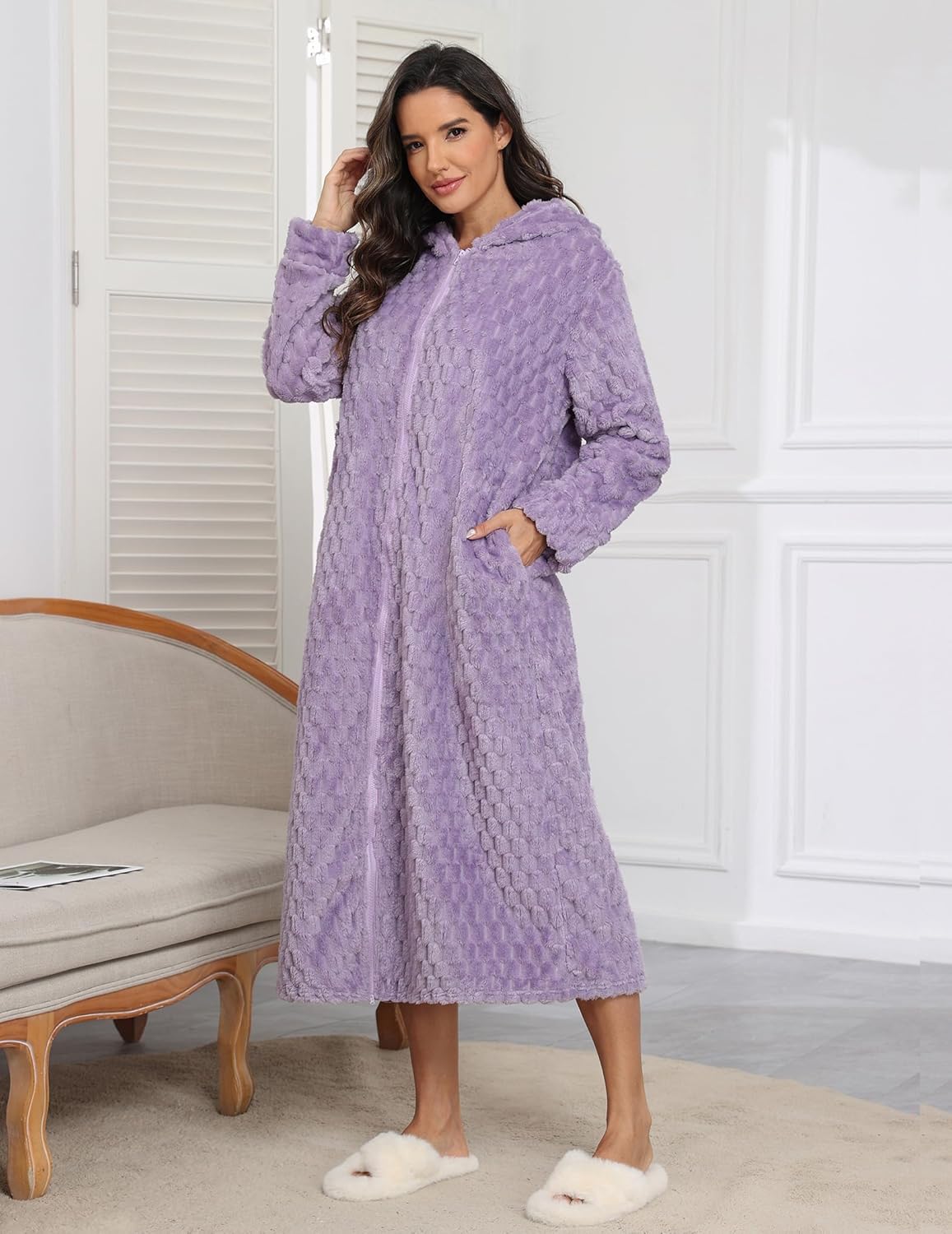 Fleece hooded long bathrobe, lavender purple, front view, full zip front