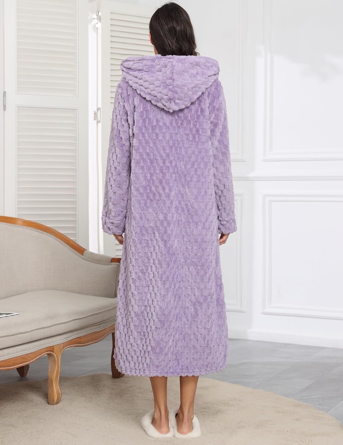 Fleece hooded long bathrobe, lavender purple, back view, full zip front